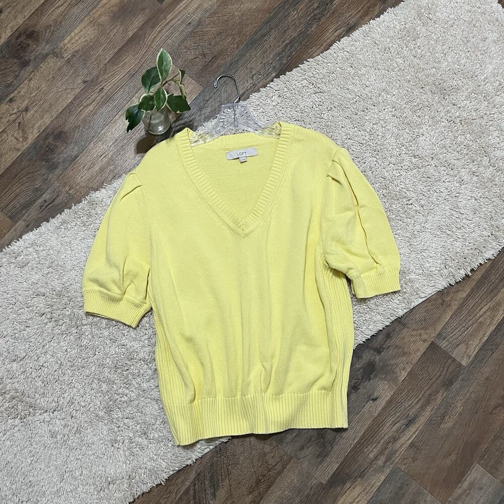 LOFT XL Pastel Yellow Short Puff Sleeve V-Neck Pullover 100% Cotton Sweater